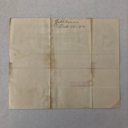 1892 Zittlosen Tent and Awning Company Advertisign Billhead Letterhead Document