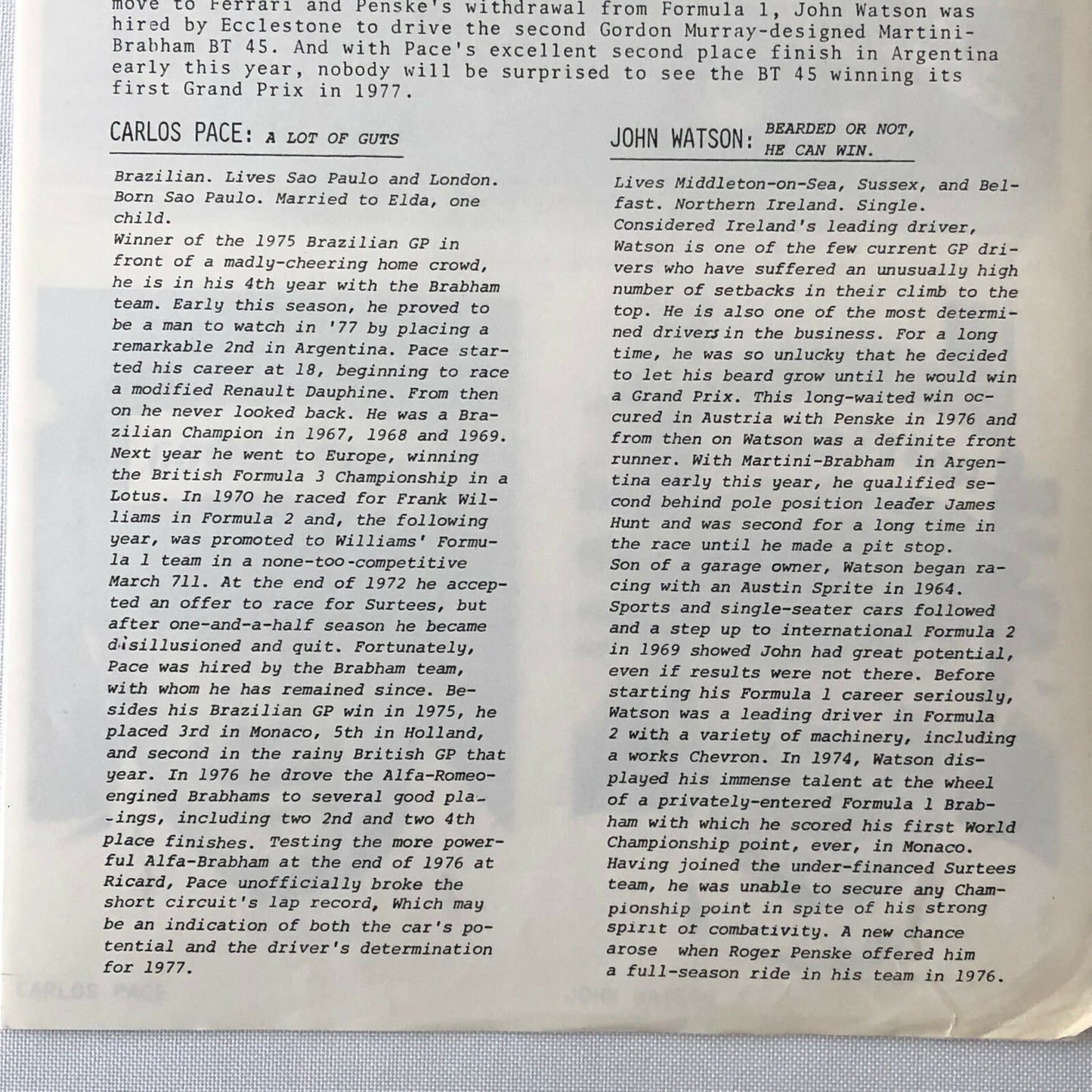 Vintage 1977 Martini Brabham Racing Alfa Romeo Car Press Photo Photograph Pace +