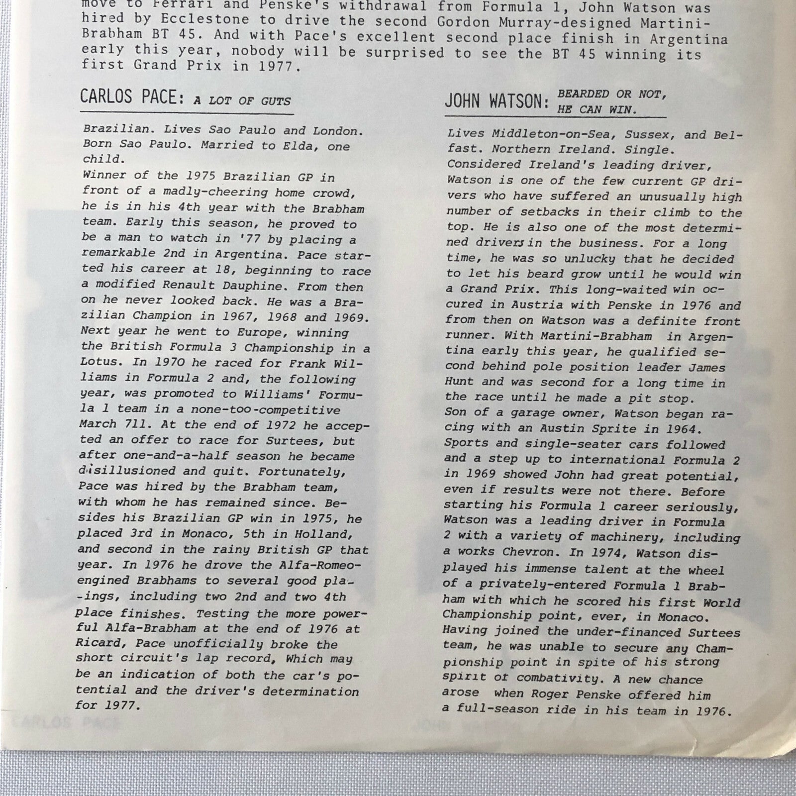 Vintage 1977 Martini Brabham Racing Alfa Romeo Car Press Photo Photograph Pace +