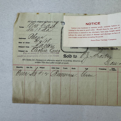 The Ames Dean Carriage Company Jackson Michigan 1908 Receipt Document Lot 2x