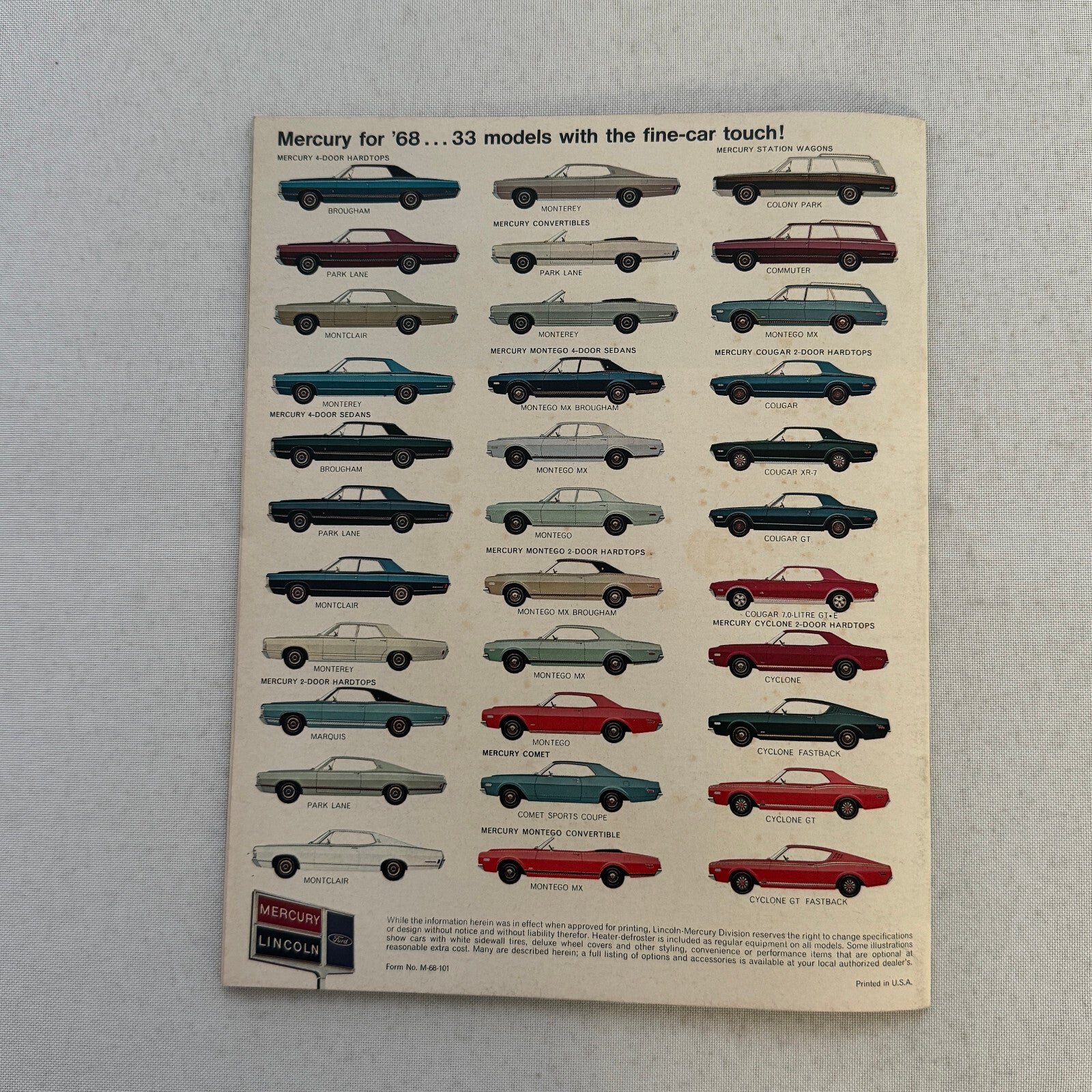 1968 Mercury Sales Brochure Catalog Montego Cyclone Cougar Marquis Montclair +