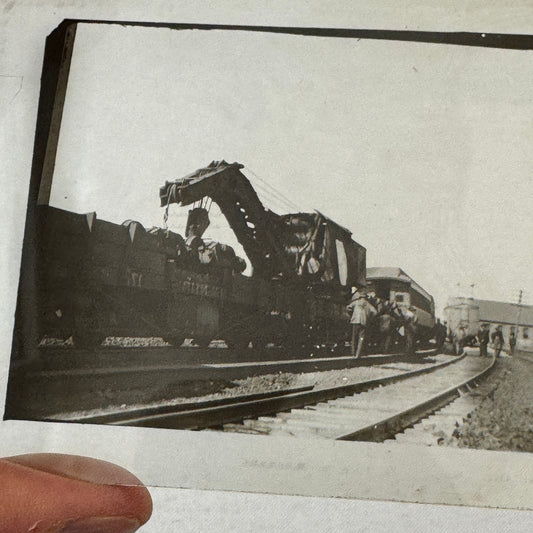 Antique Glass Plate Lantern Slide Photo Train with Crane