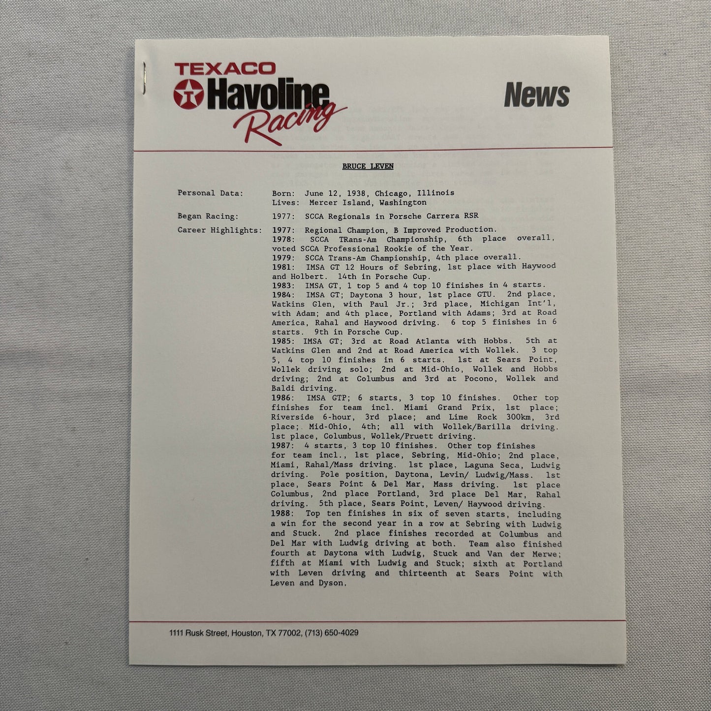 1990 Texaco Racing Team Indy CART Press Kit Brochure Photos Dominic Dobson