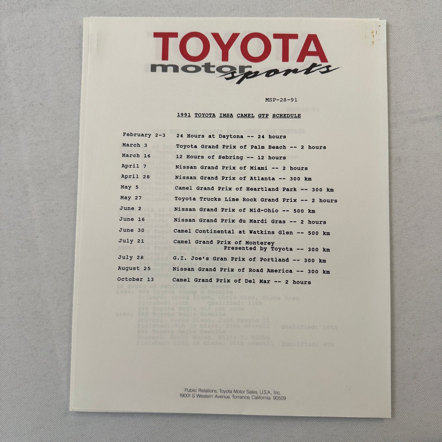 1991 Toyota Motorsport Racing Press Kit Dan Gurney Willy T Ribbs Fangio II