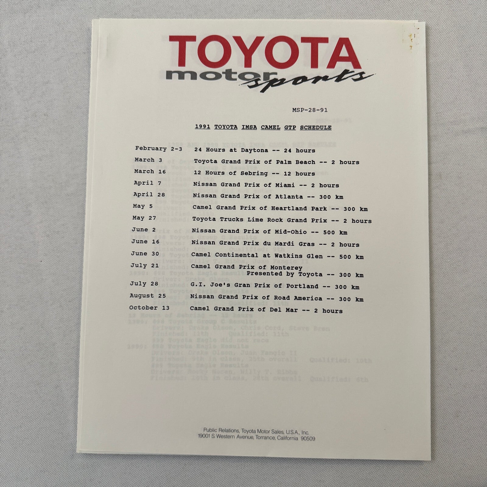 1991 Toyota Motorsport Racing Press Kit Dan Gurney Willy T Ribbs Fangio II