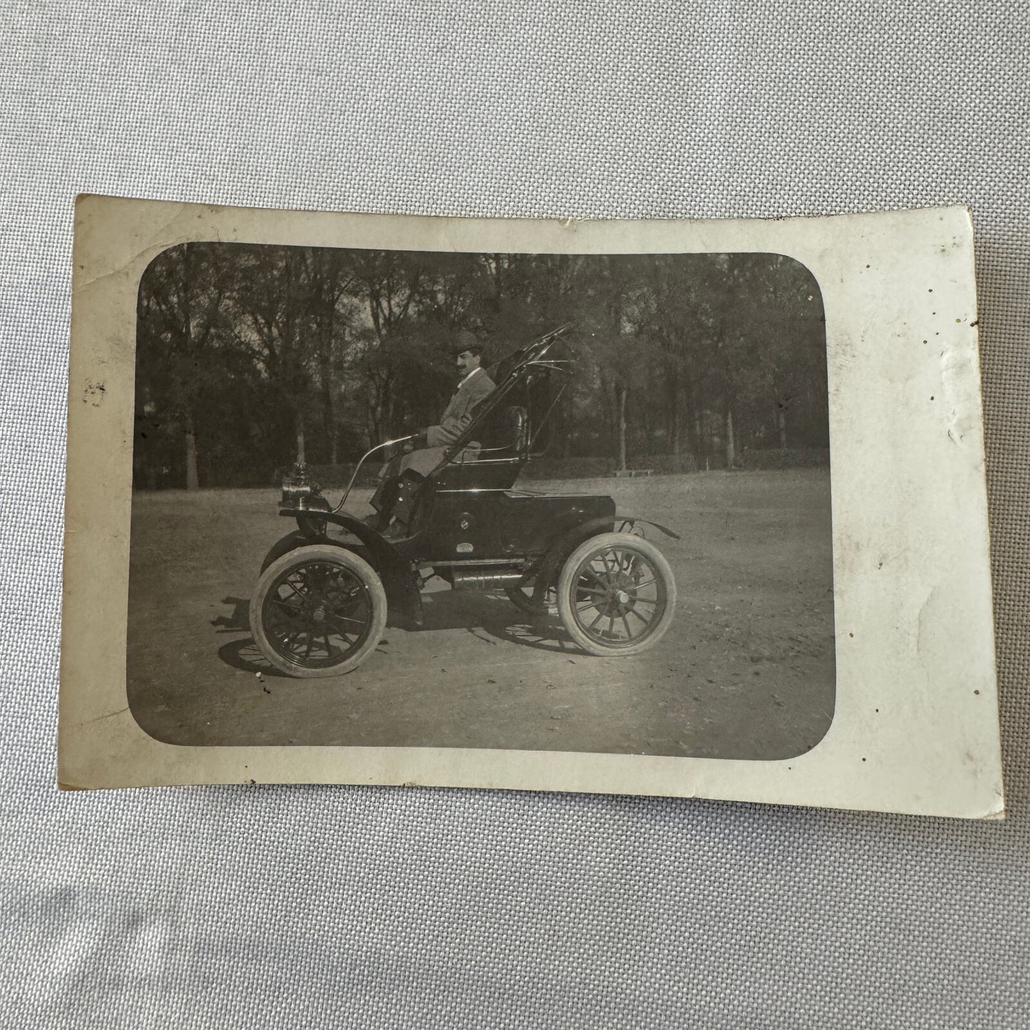 Vintage French Real Photo Postcard Post Card RPPC Man in Automobile Car Posted
