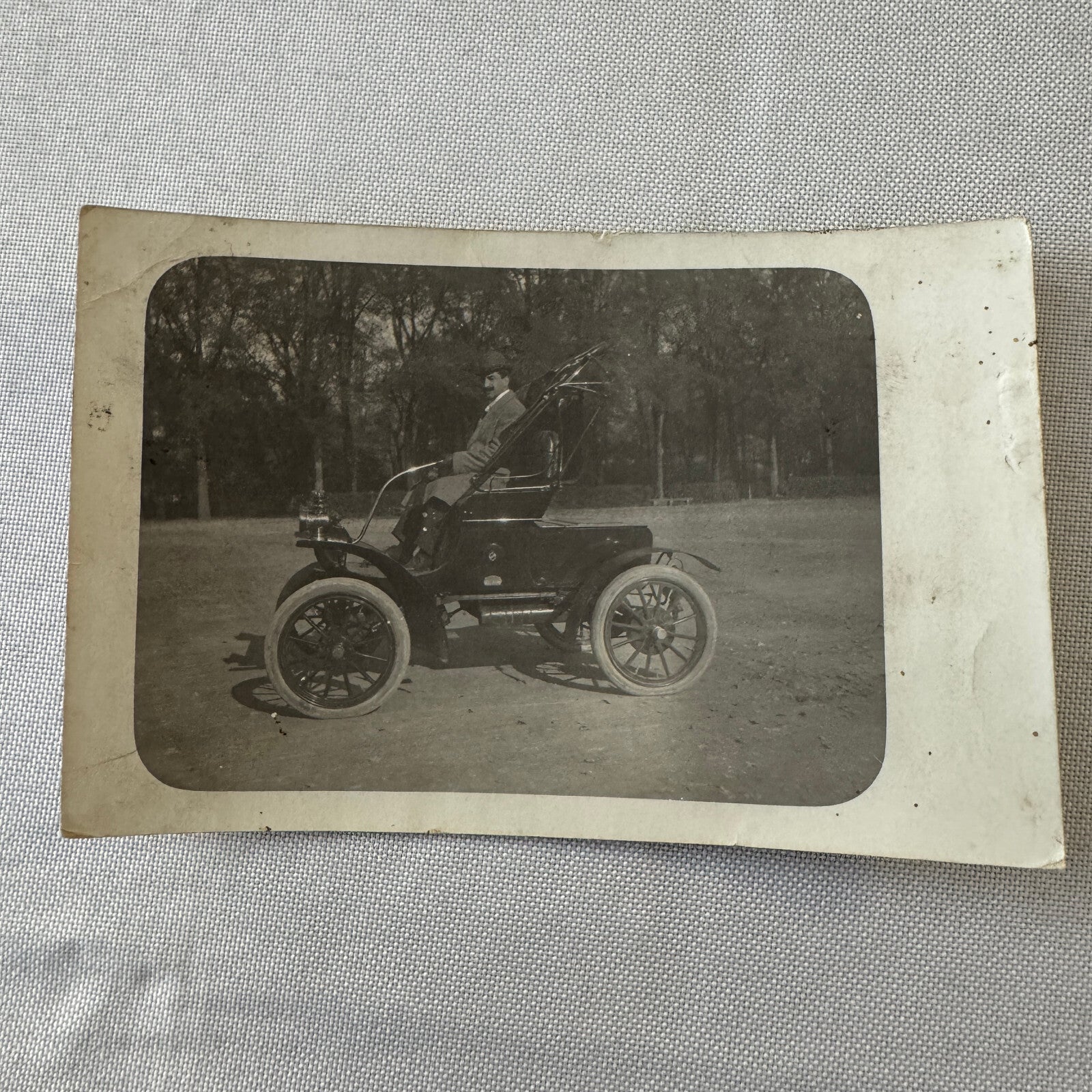 Vintage French Real Photo Postcard Post Card RPPC Man in Automobile Car Posted