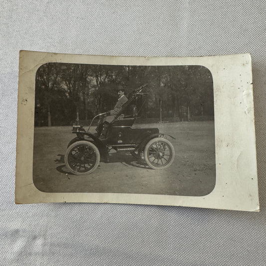 Vintage French Real Photo Postcard Post Card RPPC Man in Automobile Car Posted