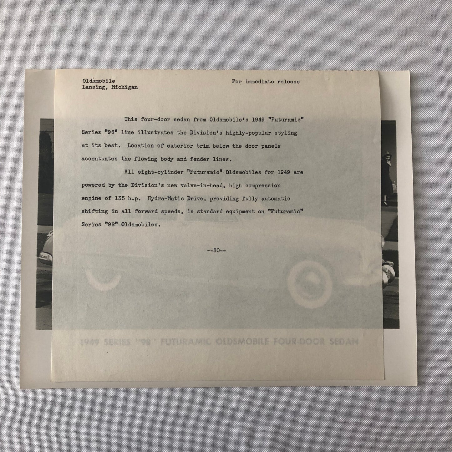 1949 Oldsmobile Series 98 Futuramic Sedan Factory Press Photo Photograph Print