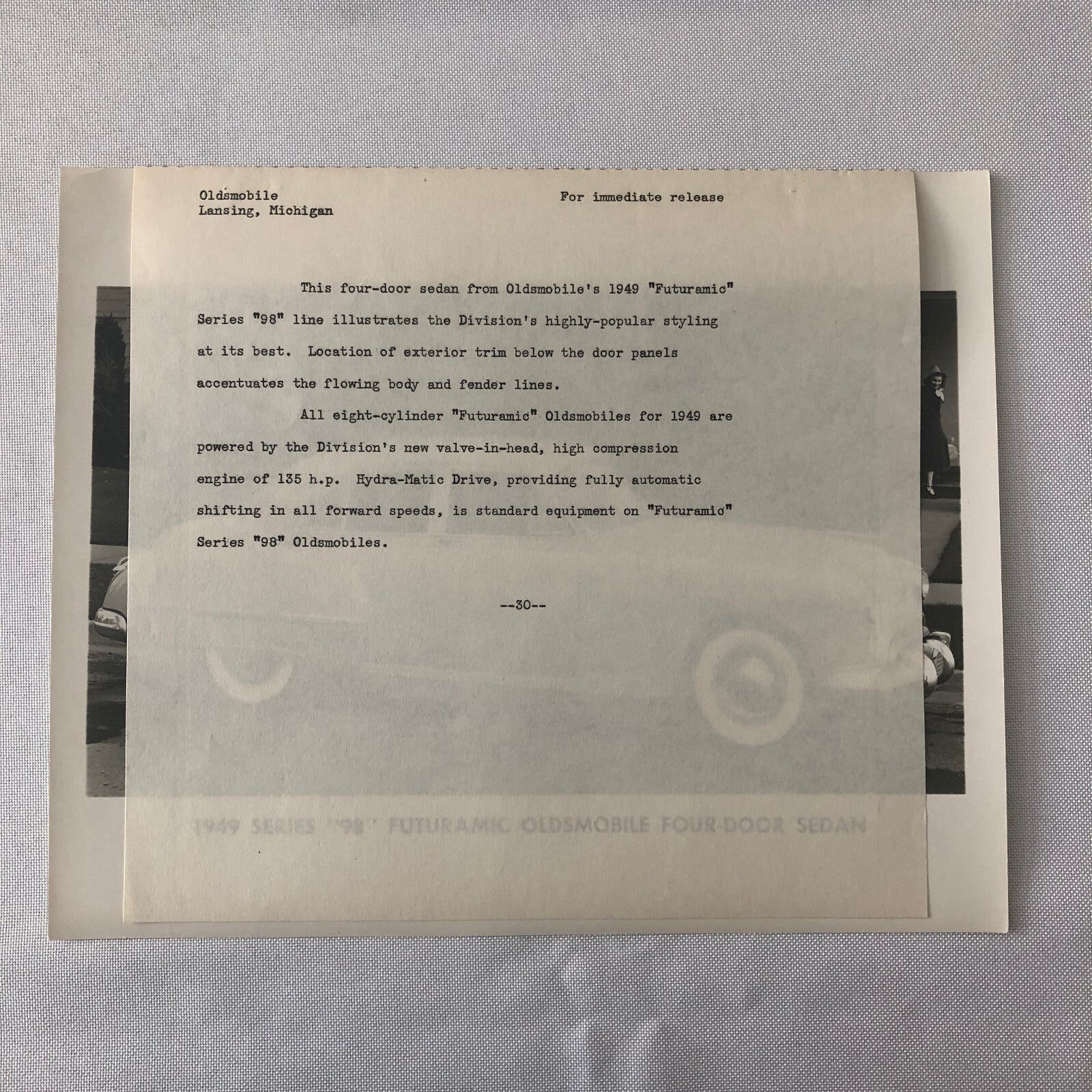 1949 Oldsmobile Series 98 Futuramic Sedan Factory Press Photo Photograph Print