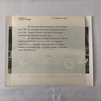 1949 Oldsmobile Series 98 Futuramic Sedan Factory Press Photo Photograph Print