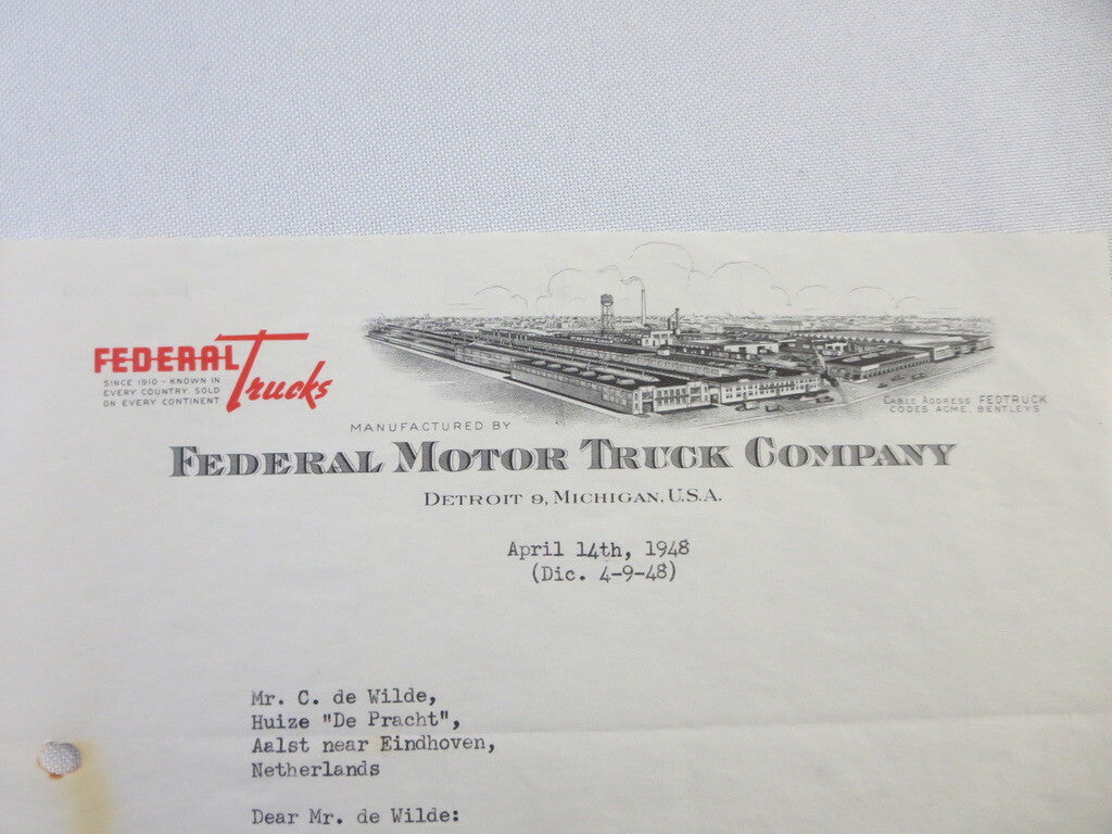 1948 Federal Motor Truck Company Letter Letterhead 