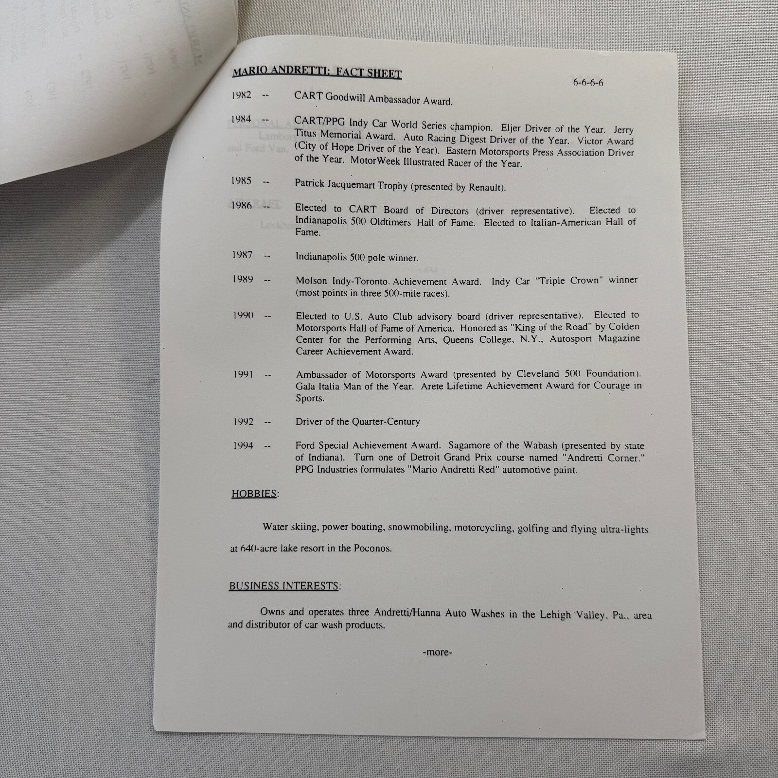 Mario Andretti 1993 PPG Indy Press Release Lot 2x KMart Texaco Havoline Racing