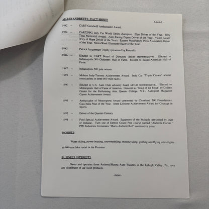 Mario Andretti 1993 PPG Indy Press Release Lot 2x KMart Texaco Havoline Racing