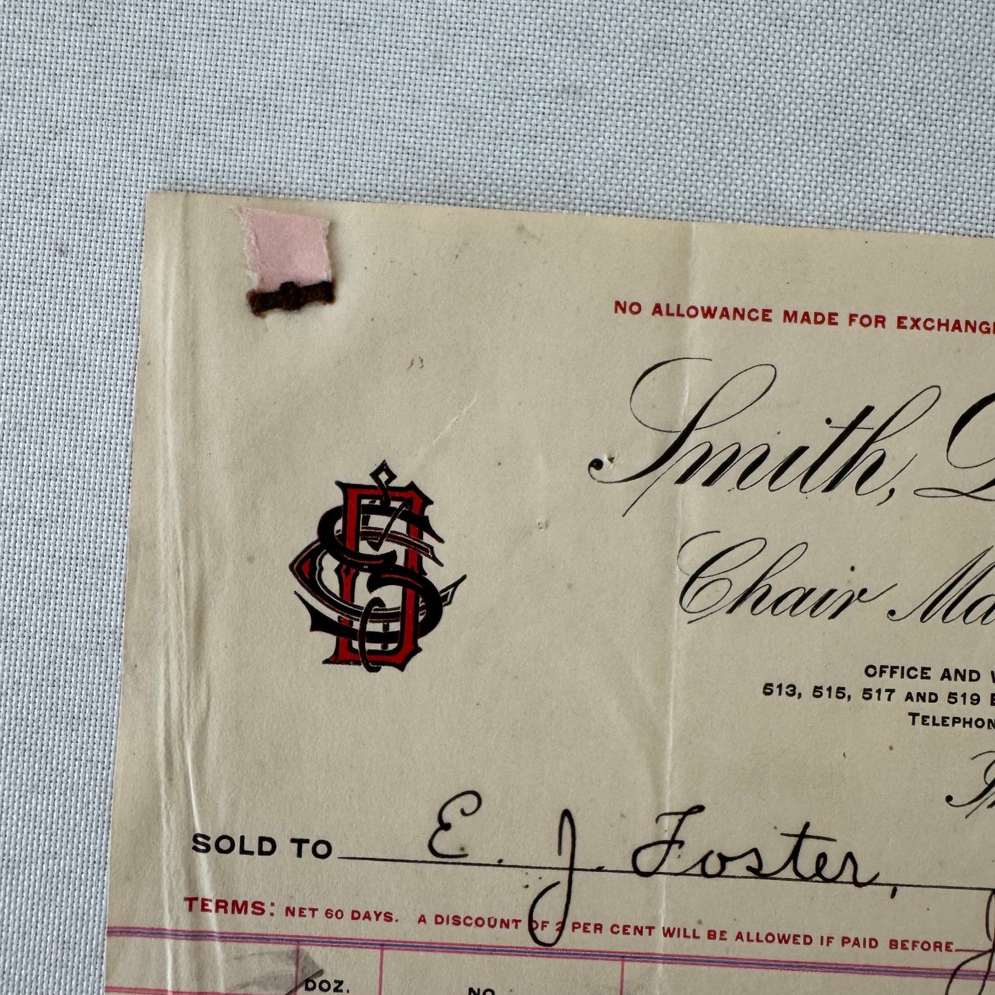 Smith Day and Company Chair Manufacturer Receipt Invoice Document 1908 Indiana