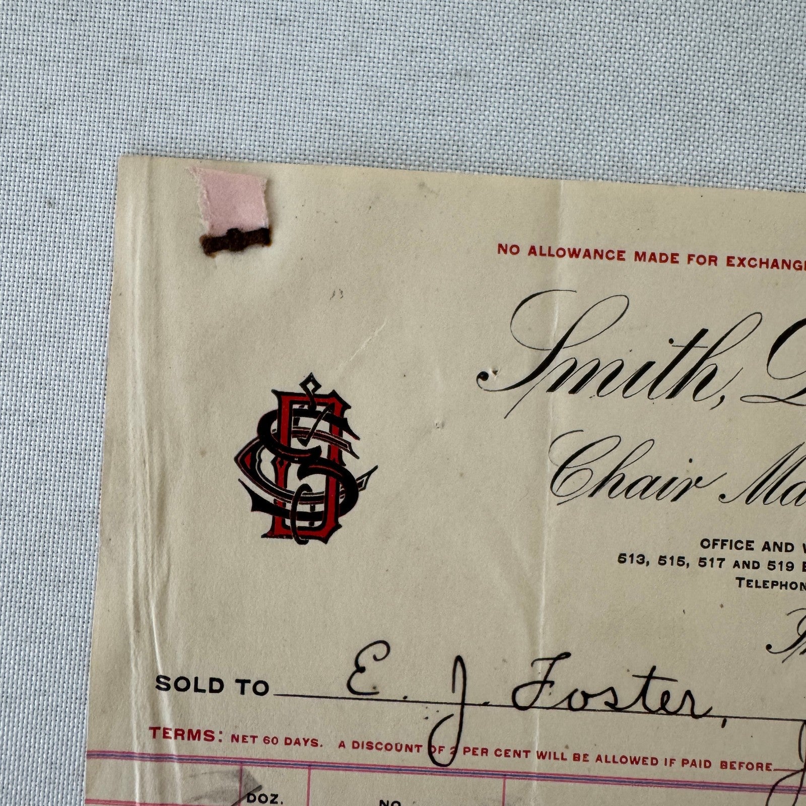 Smith Day and Company Chair Manufacturer Receipt Invoice Document 1908 Indiana