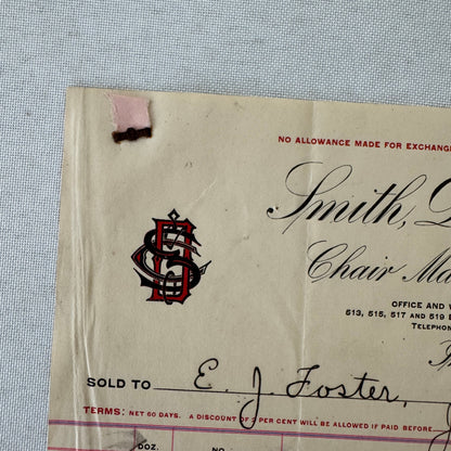 Smith Day and Company Chair Manufacturer Receipt Invoice Document 1908 Indiana
