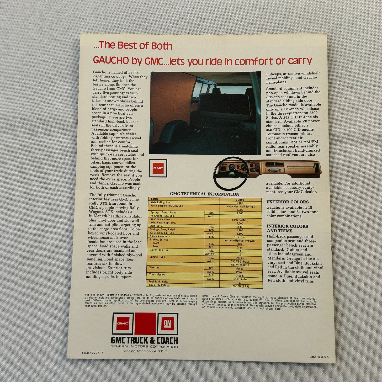 GMC Gaucho Van Sales Sheet Brochure Catalog Advertising