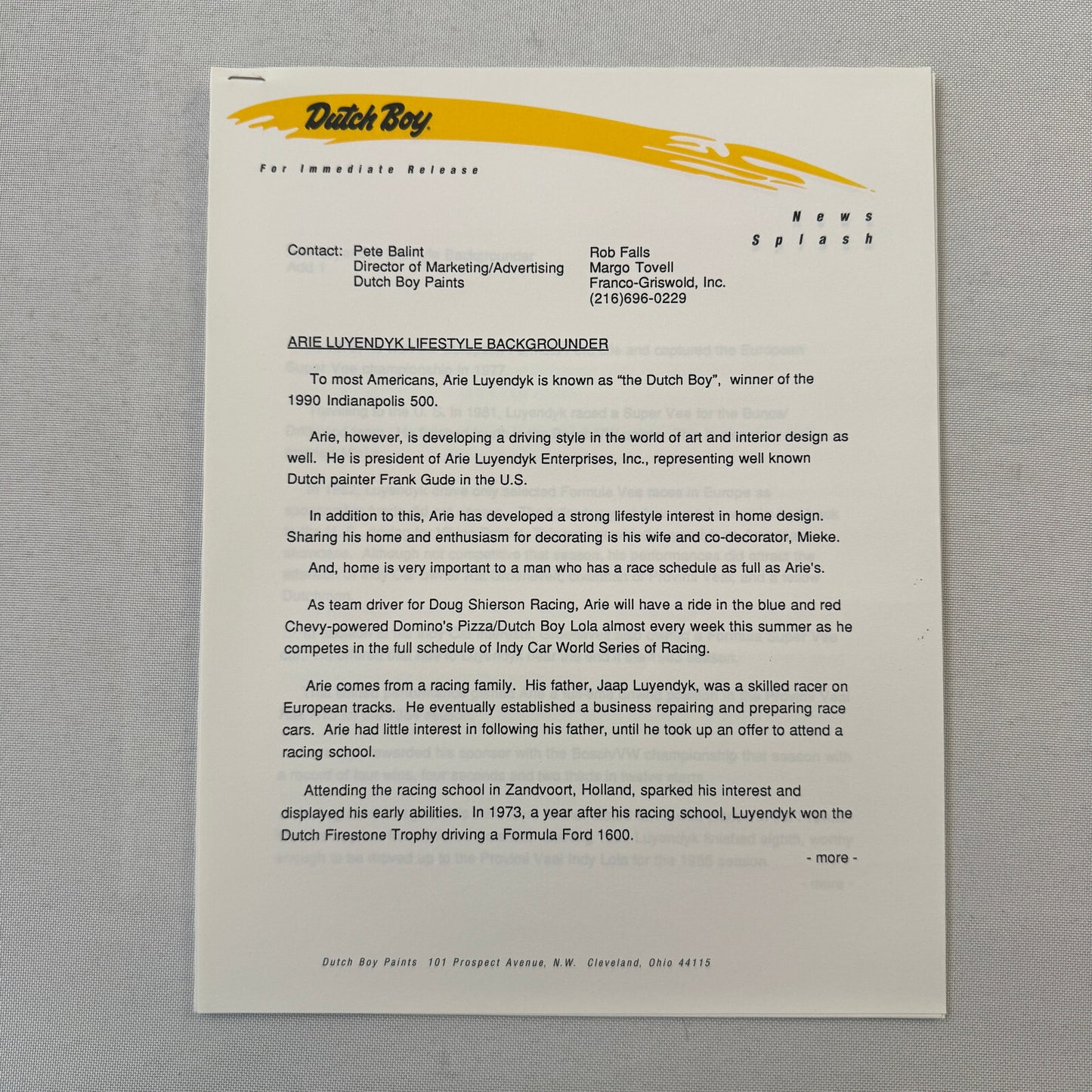 Arie Luyendyk 1990 Dutch Boy Paint CART Indy Racing Press Kit Brochure Photo