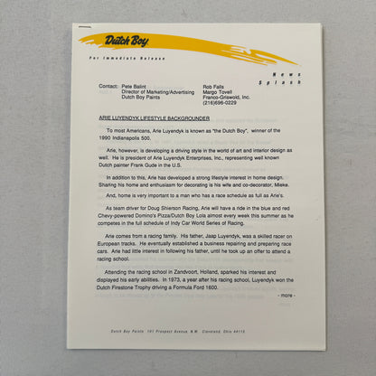 Arie Luyendyk 1990 Dutch Boy Paint CART Indy Racing Press Kit Brochure Photo