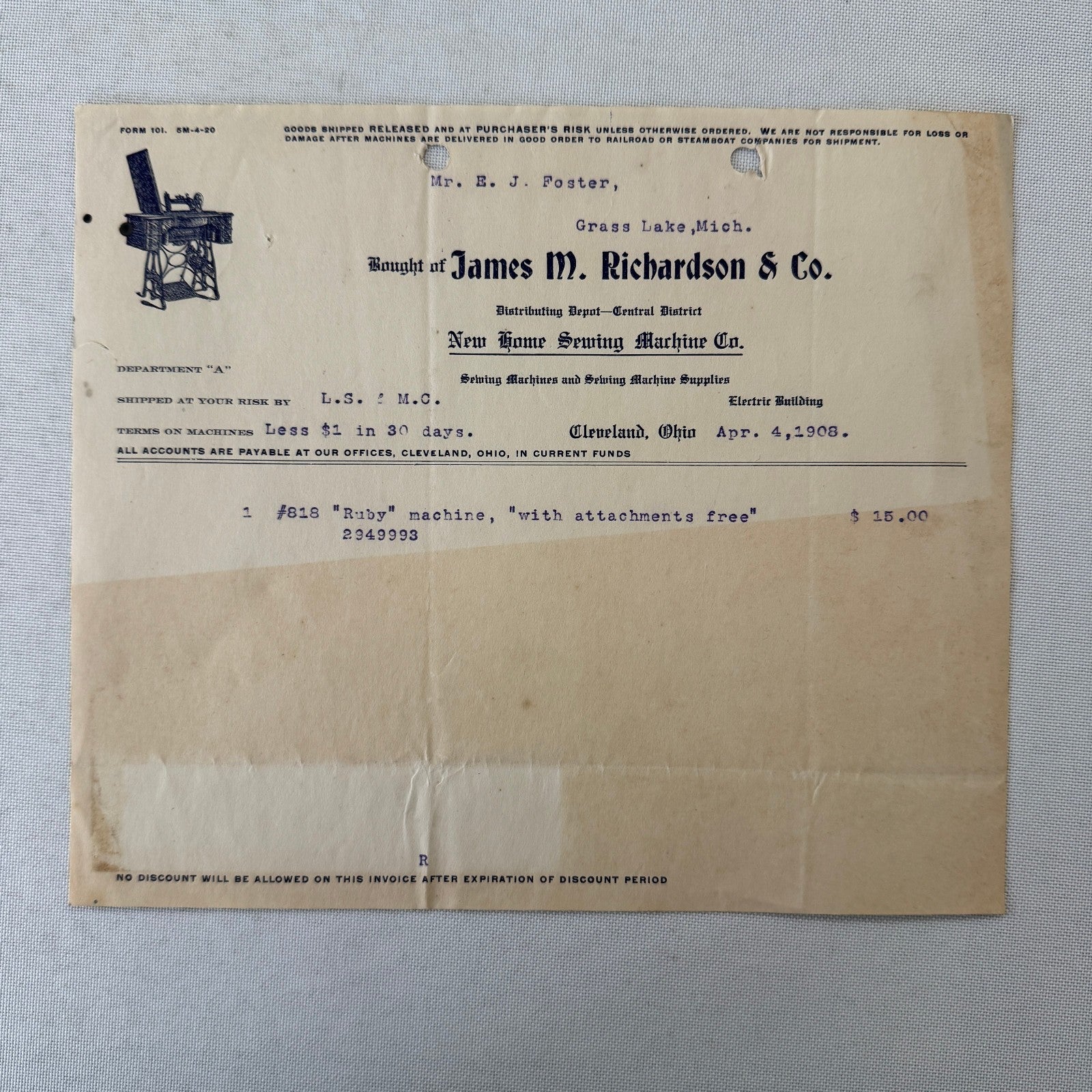 James M Richardson Company Receipt Invoice Document 1908 Sewing Machine Ohio