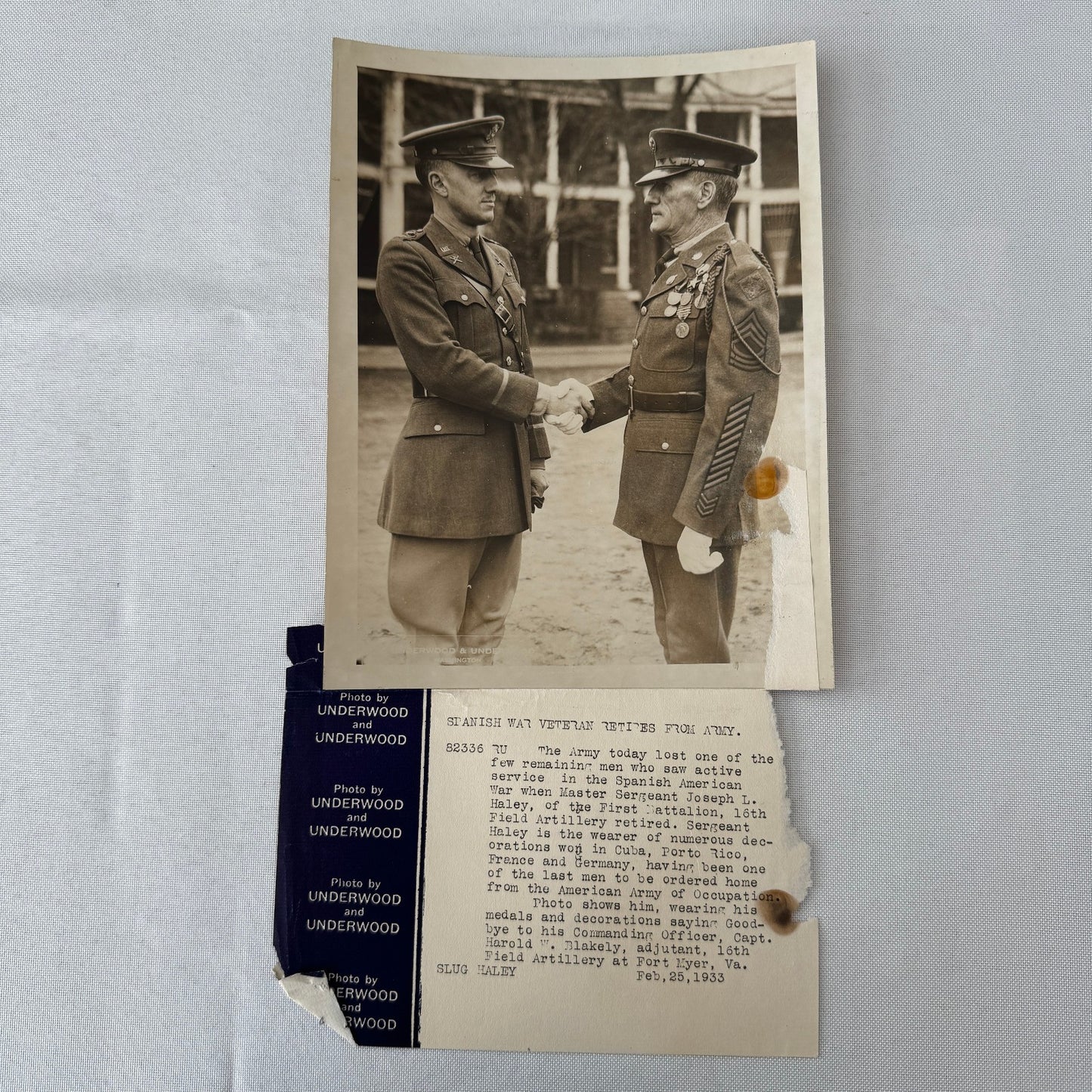 Master Sergeant Joseph L Haley Spanish War Veteran Retirement Press Photo 1933