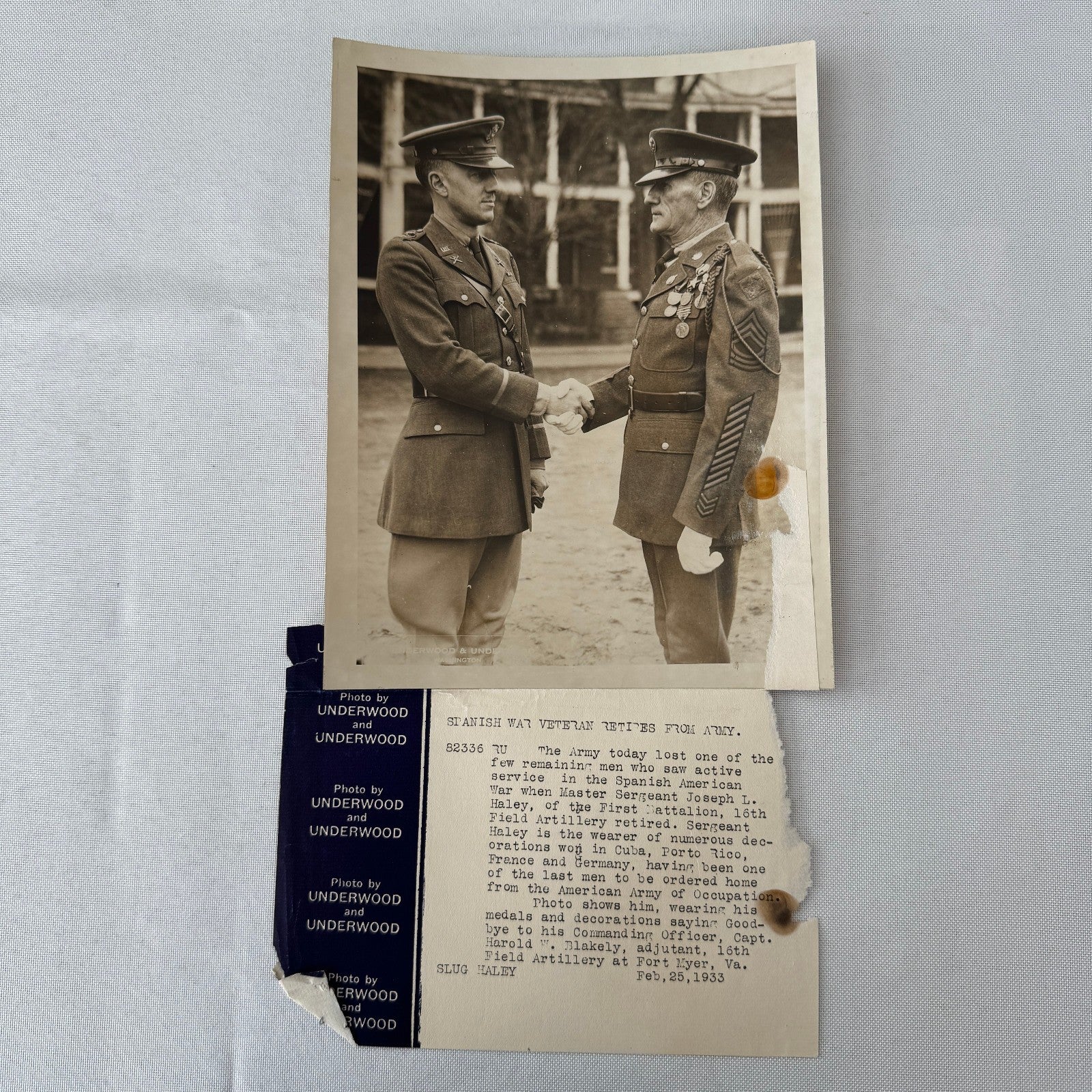 Master Sergeant Joseph L Haley Spanish War Veteran Retirement Press Photo 1933