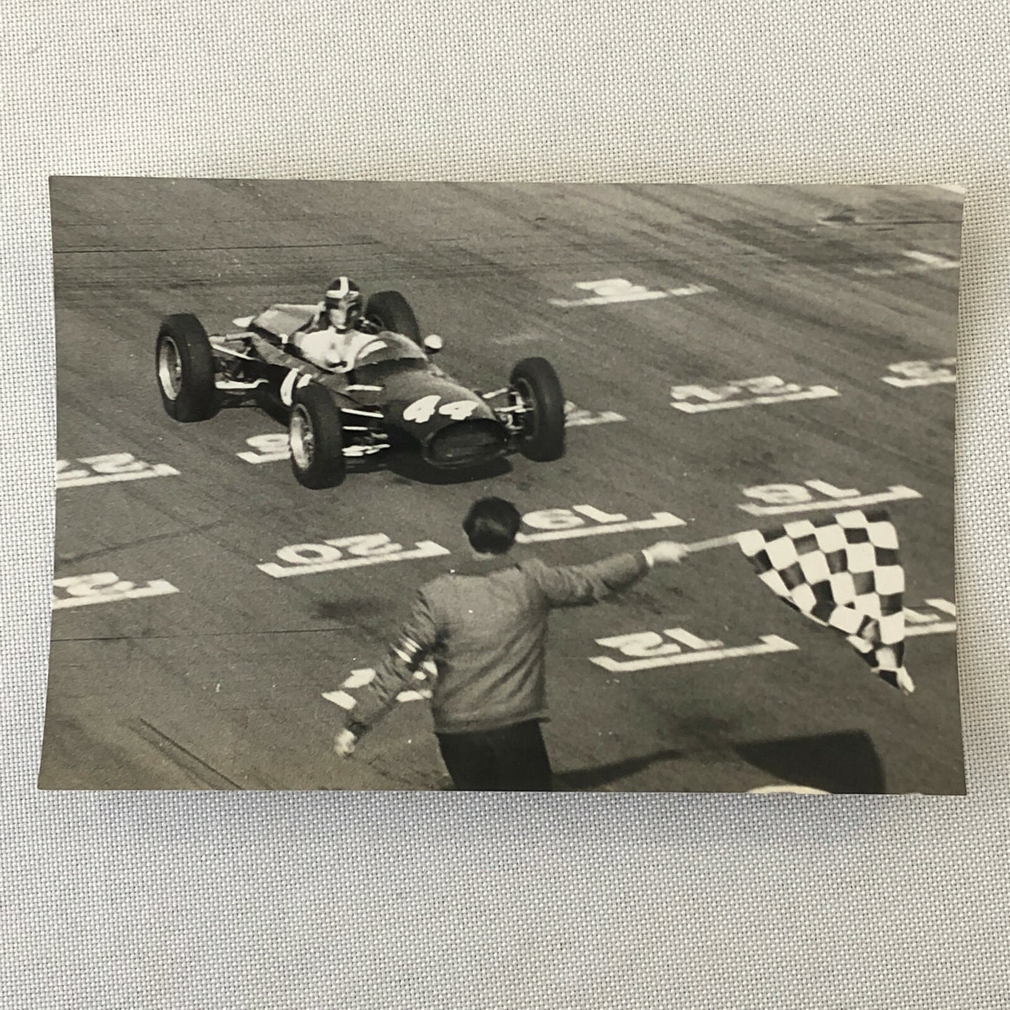 Vintage Racing Car Photo Photograph - Car Crossing the Finish Checkered Flag