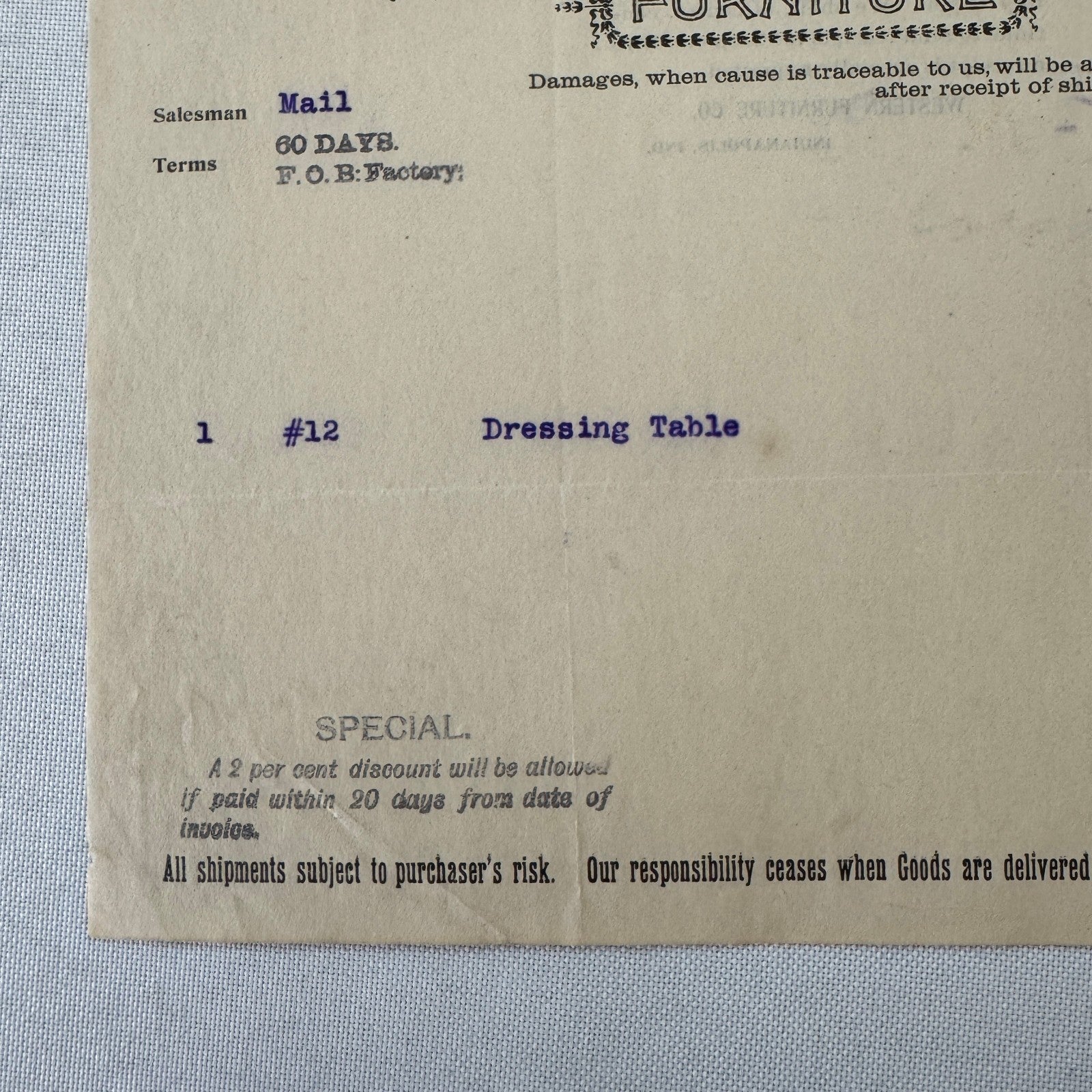 Western Furniture Company Receipt Invoice Document Letterhead 1908 Indianapolis