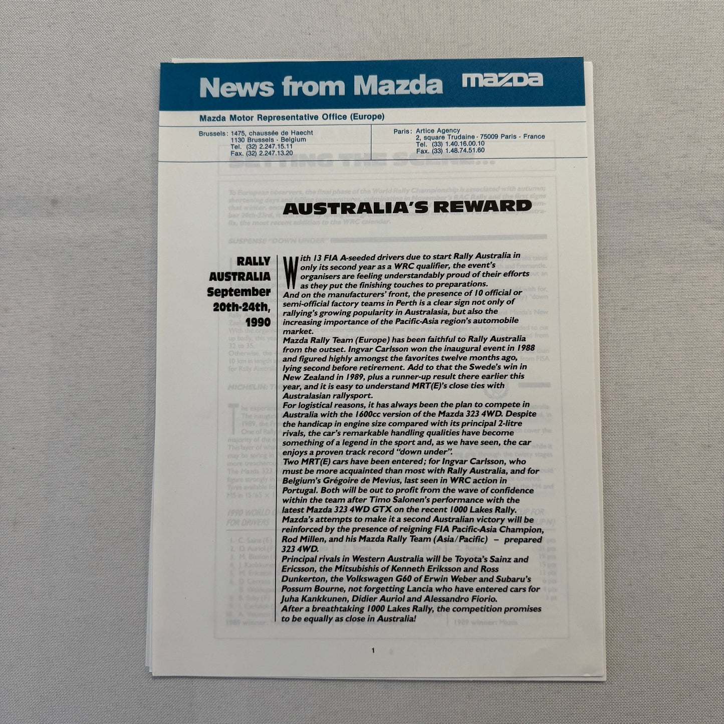 1990 Mazda Group A WRC Rally Rallye Racing Press Kit Brochure Mazda 323