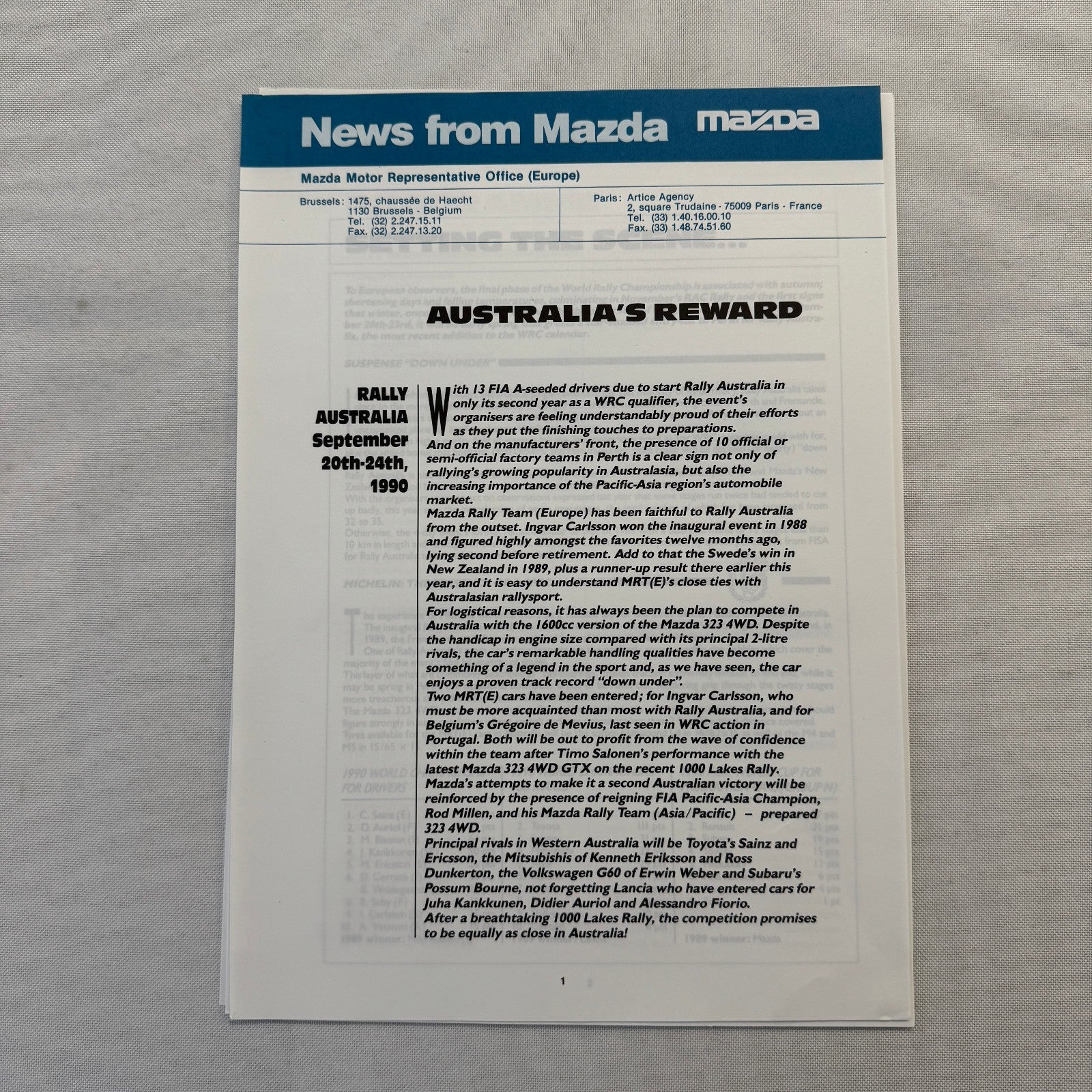 1990 Mazda Group A WRC Rally Rallye Racing Press Kit Brochure Mazda 323