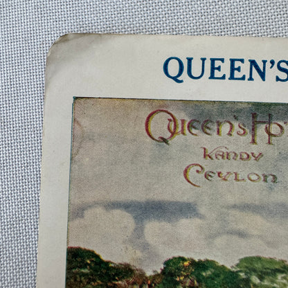 Vintage Hotel Travel Luggage Label Queen's Hotel Kandy Ceylon Sri Lanka