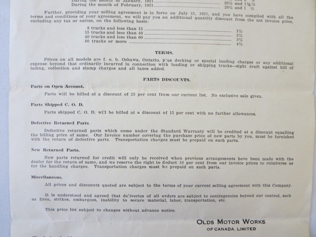 1920 Oldsmobile Economy Truck Factory Pricing Document Letterhead 