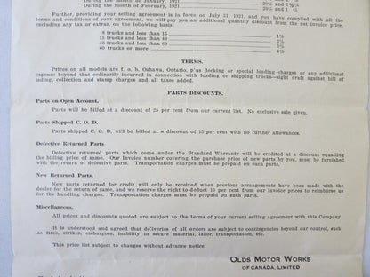1920 Oldsmobile Economy Truck Factory Pricing Document Letterhead 
