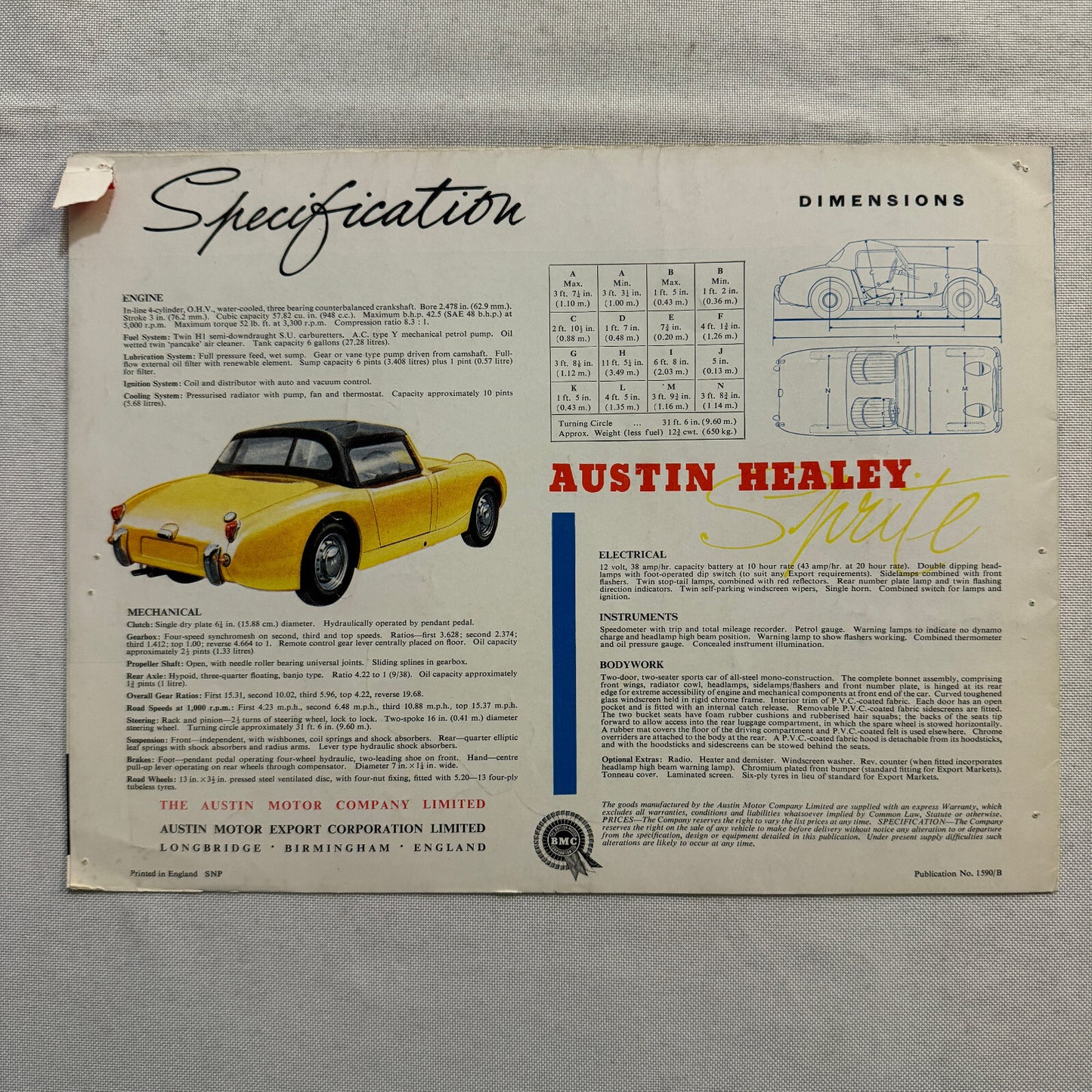 Austin Healey Sprite Roadster Car Sales Brochure Catalog Bugeye Sprite Frogeye