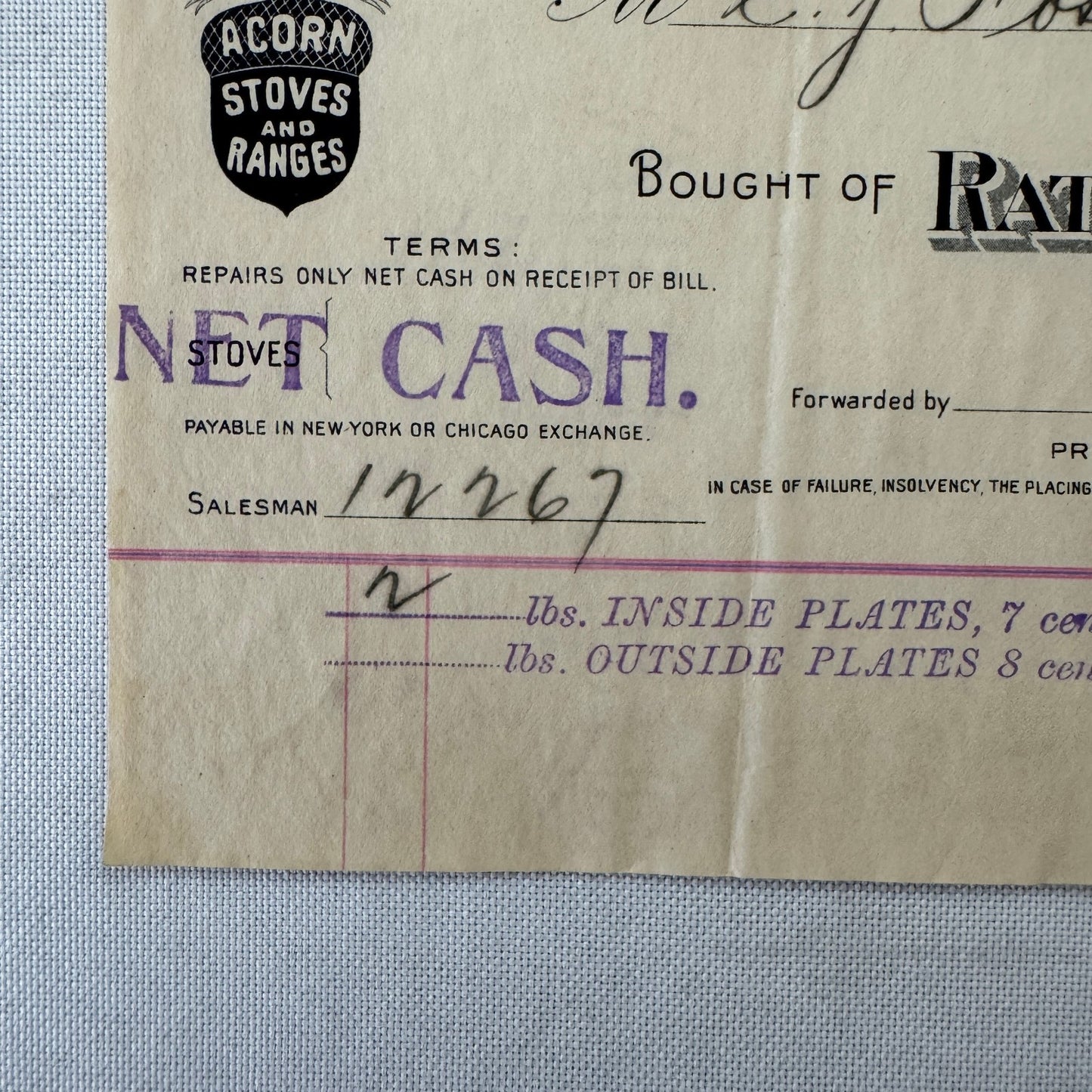 Rathbone Sard and Company Acorn Stoves and Ranges Receipt Invoice Document 1907