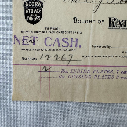 Rathbone Sard and Company Acorn Stoves and Ranges Receipt Invoice Document 1907