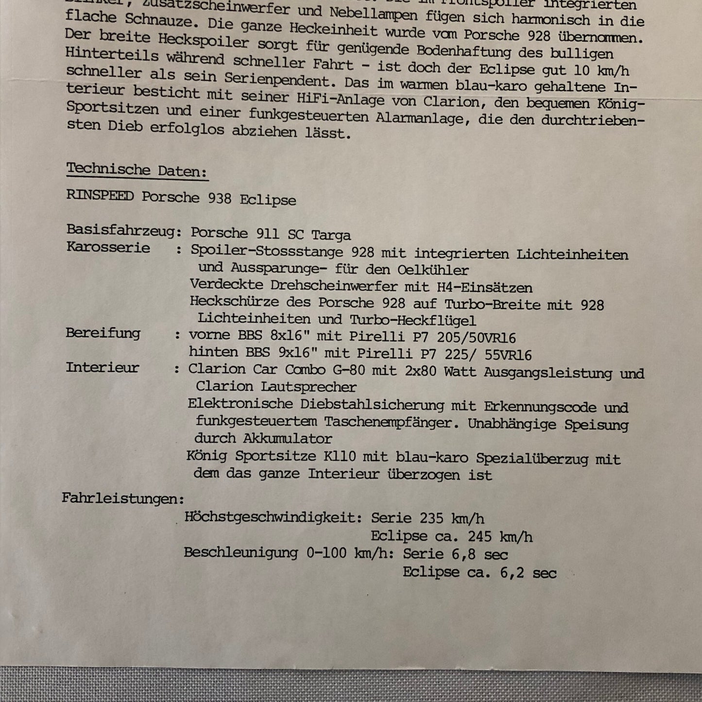 1982 Rinspeed Car Press Release Document Topaz Volkswagen Porsche 938 GERMAN