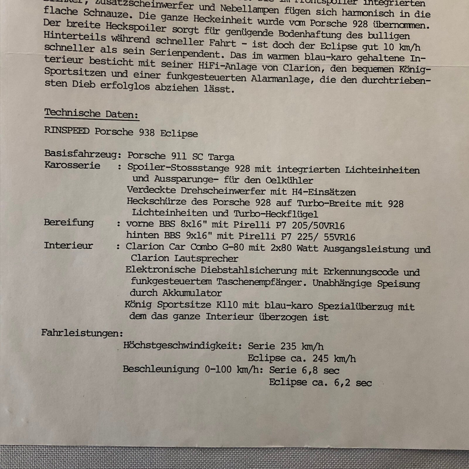 1982 Rinspeed Car Press Release Document Topaz Volkswagen Porsche 938 GERMAN