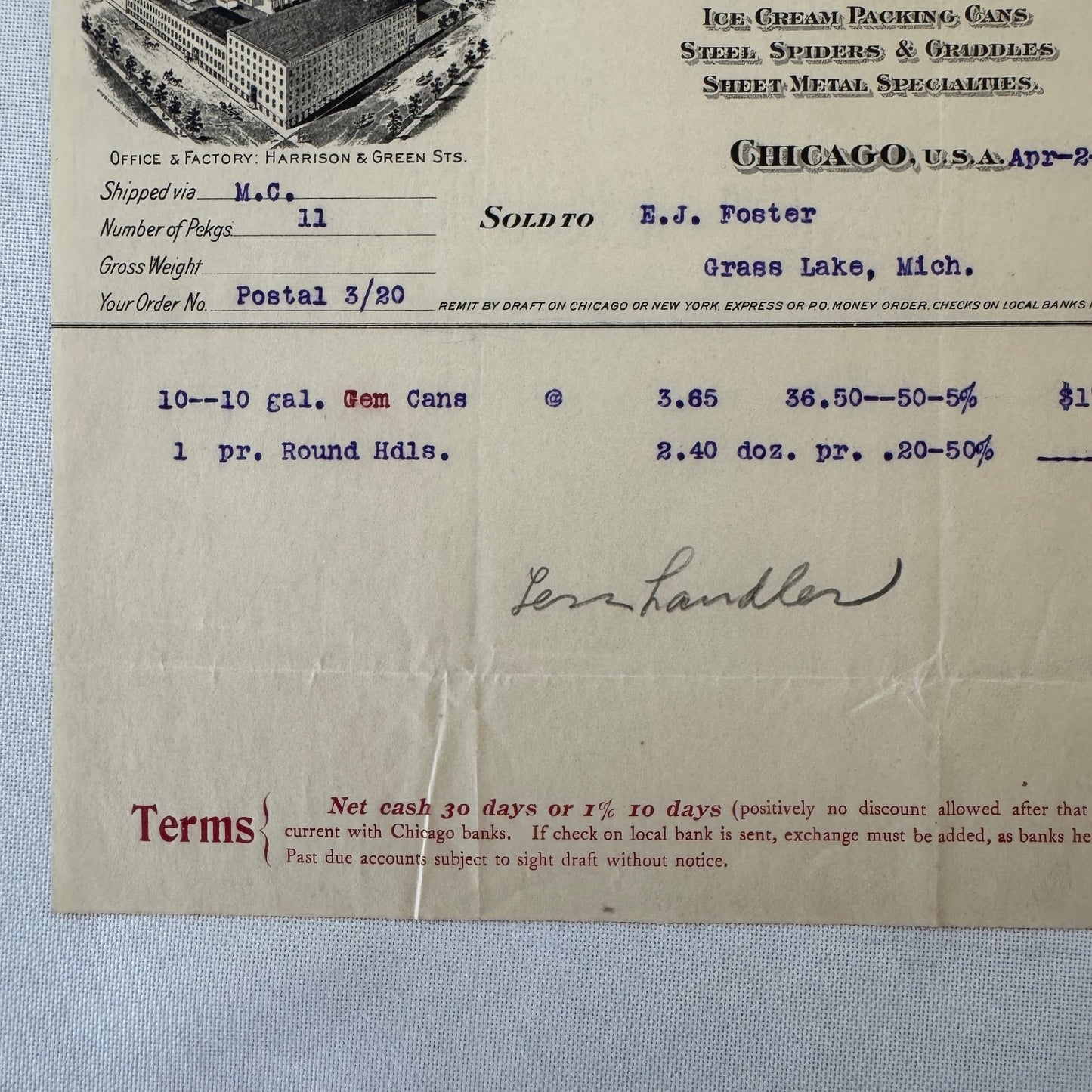 Sturges & Burn Manufacturing Company Chicago 1908 Invoice Document Lot 2x Cans