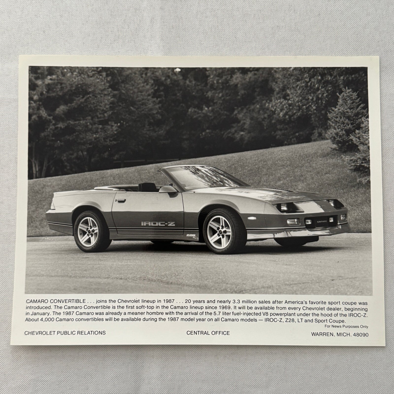 1987 Chevrolet Camaro IROC Z Convertible Factory Press Photo Photograph Vintage