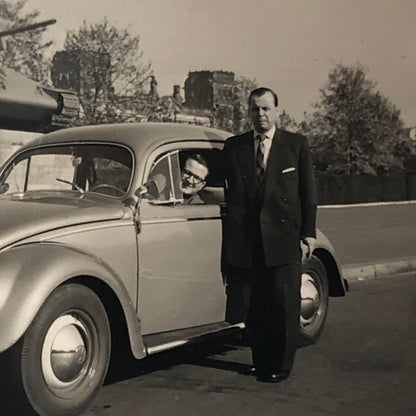 Vintage Photo Photograph Snapshot Men with VW Volkswagen Beetle Bug Car