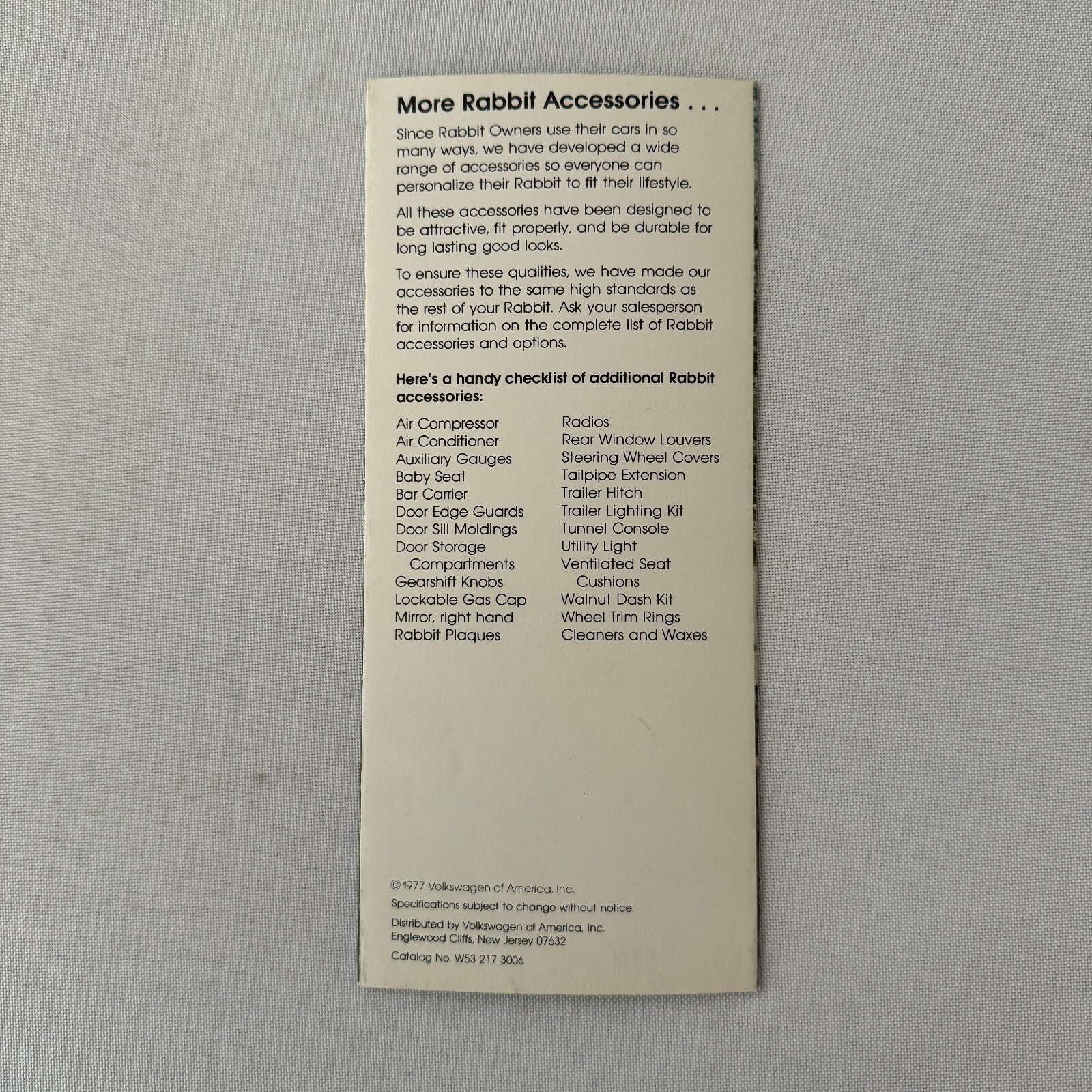 Volkswagen VW Rabbit ACCESSORIES Sales Brochure Catalog Woody 1977 1978