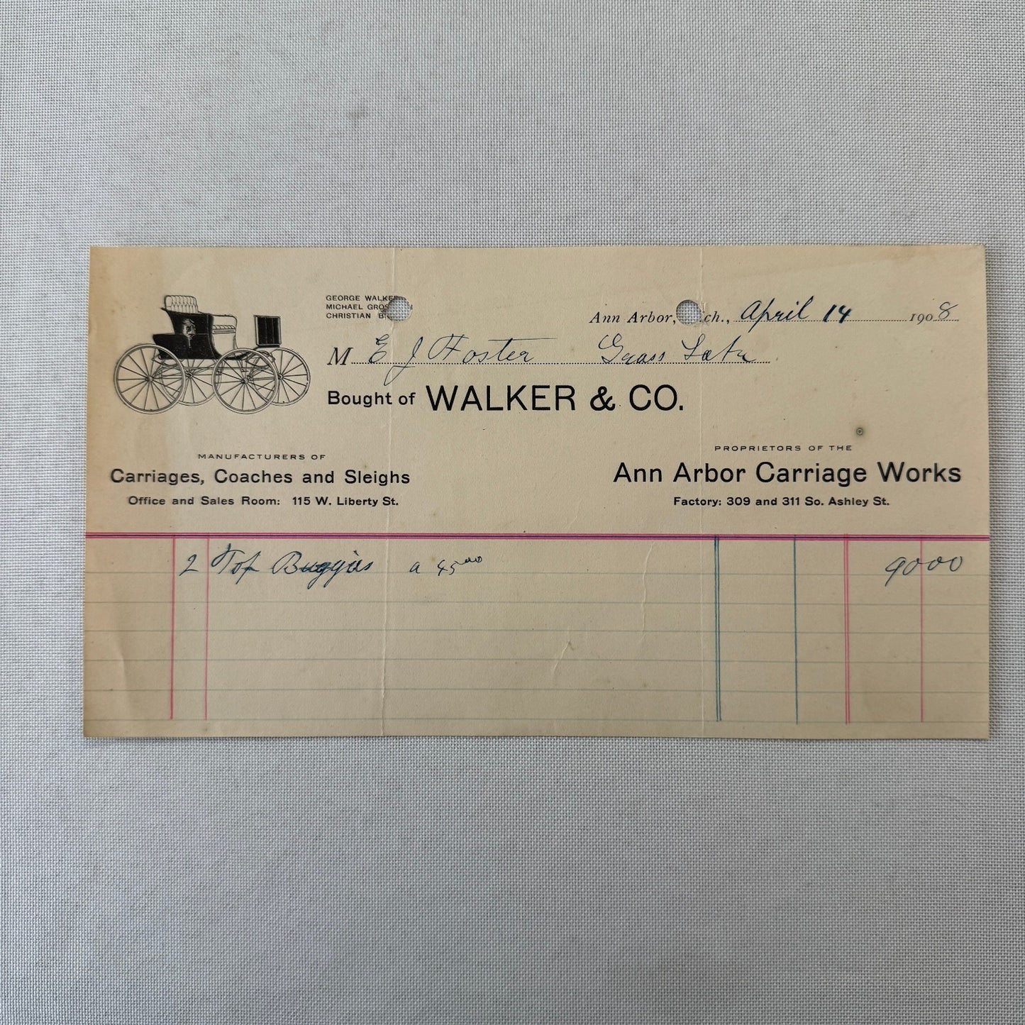 Walker and Company Receipt Letterhead Document 1908 Carriage Sleigh Ann Arbor MI