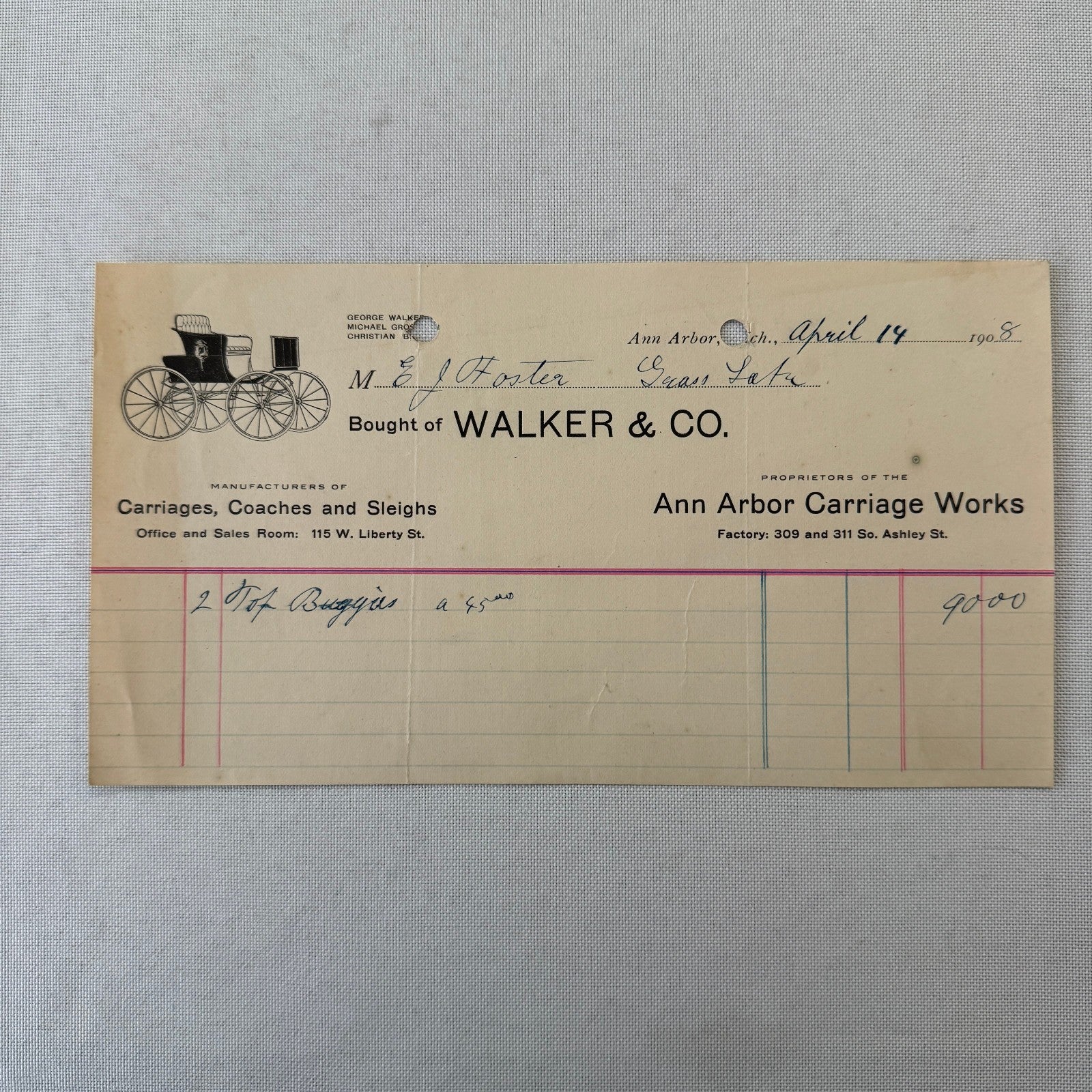 Walker and Company Receipt Letterhead Document 1908 Carriage Sleigh Ann Arbor MI