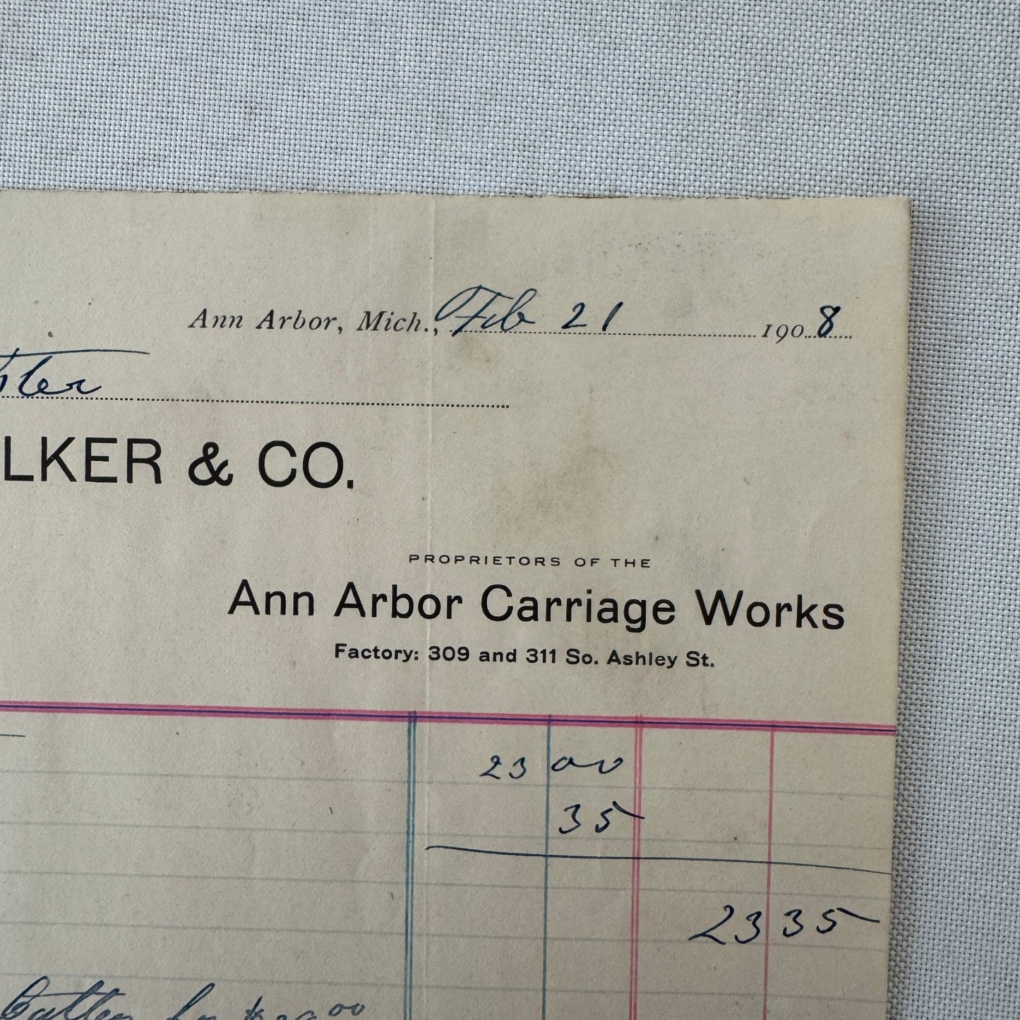Walker and Company Receipt Letterhead Document 1908 Carriage Sleigh Ann Arbor MI