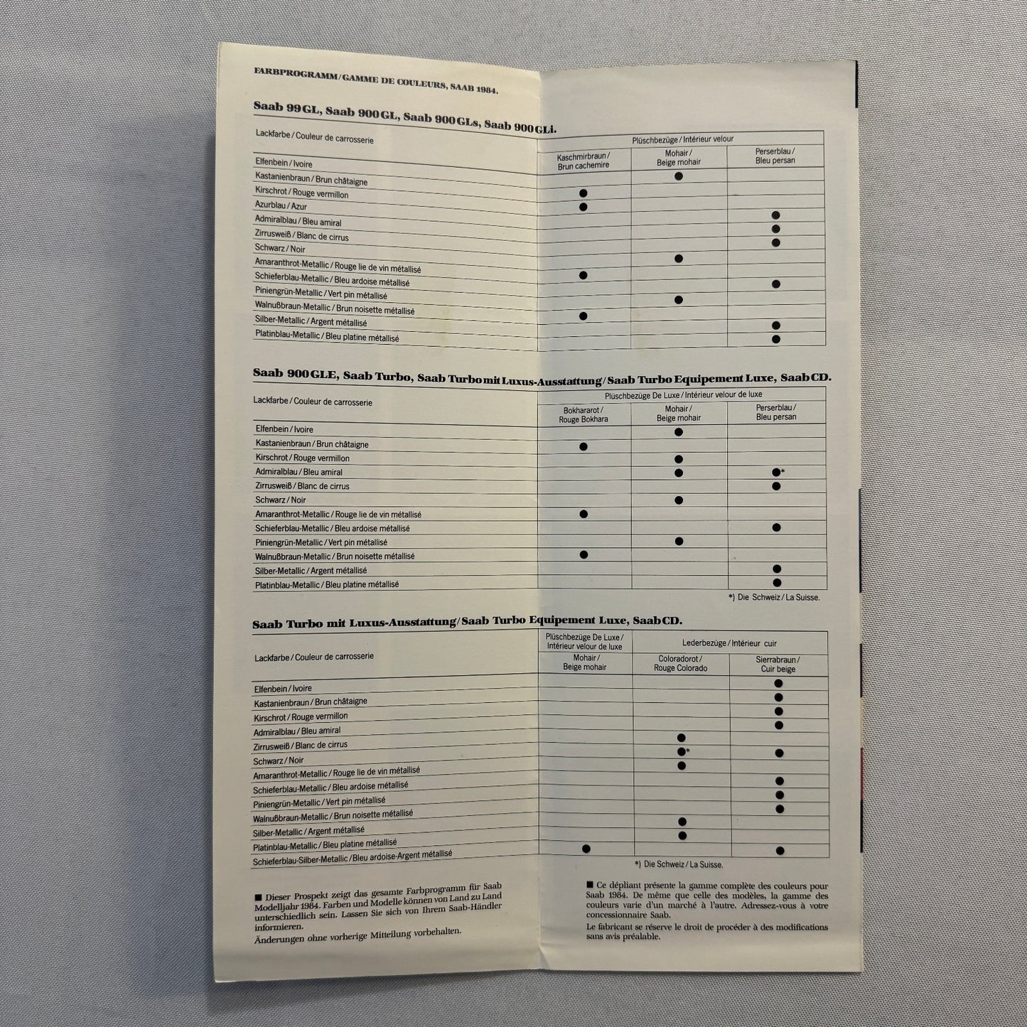1984 Saab 99 and 900 Colour and Upholstery Brochure Catalog German French Text