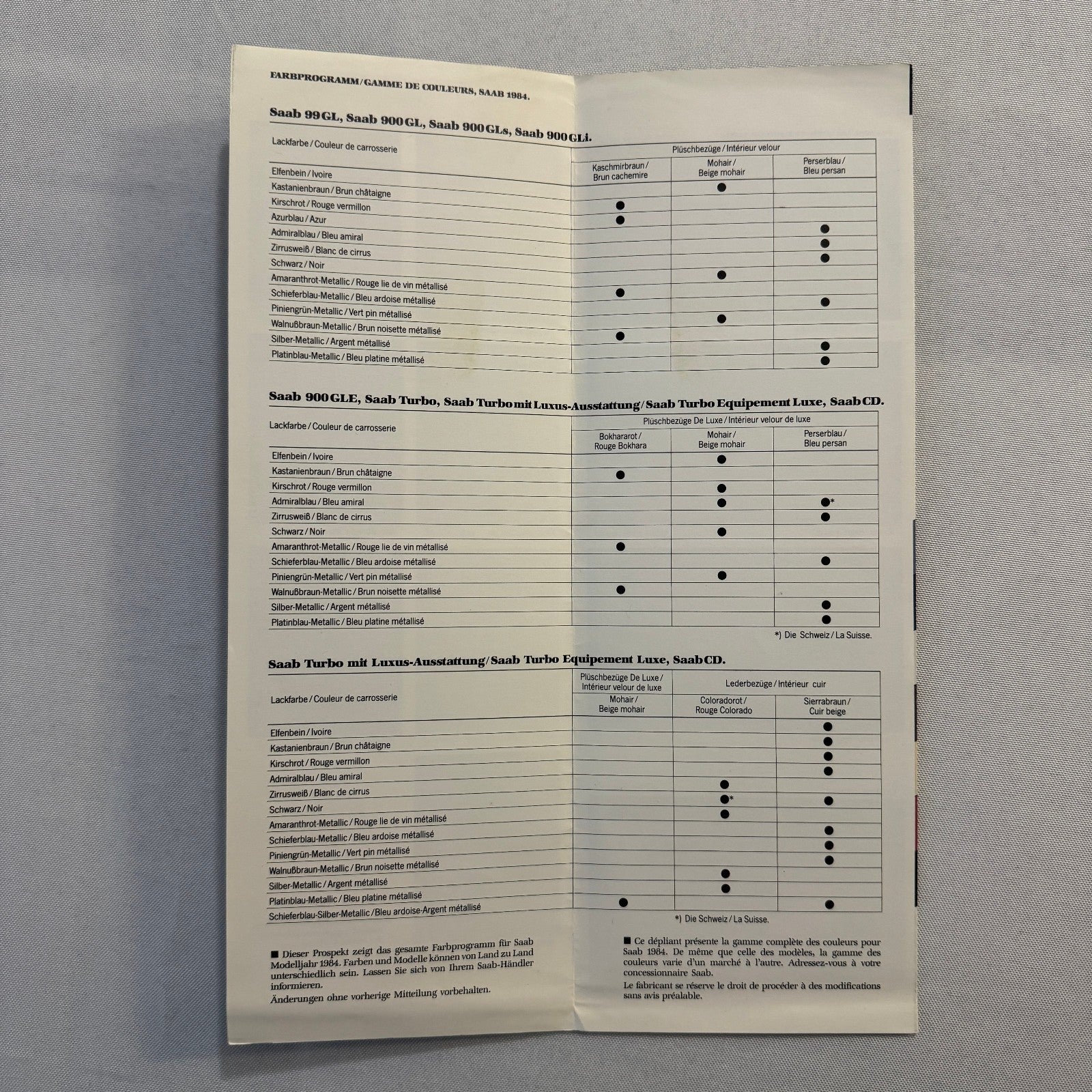 1984 Saab 99 and 900 Colour and Upholstery Brochure Catalog German French Text