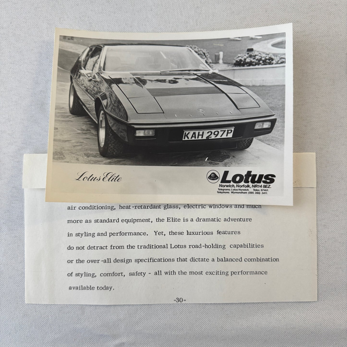 1976 Lotus Car Press Kit Brochure Photo Photograph Lotus Elite Lotus Esprit +