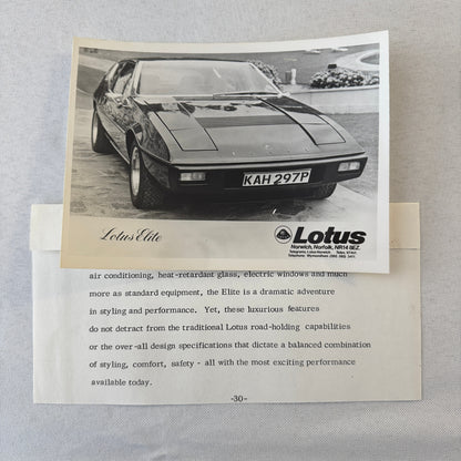 1976 Lotus Car Press Kit Brochure Photo Photograph Lotus Elite Lotus Esprit +